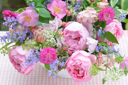 生花のバラのアレンジメント。スィートチャリオットとラベンダードリーム、コーネリア、コンスタンス　スプライ。